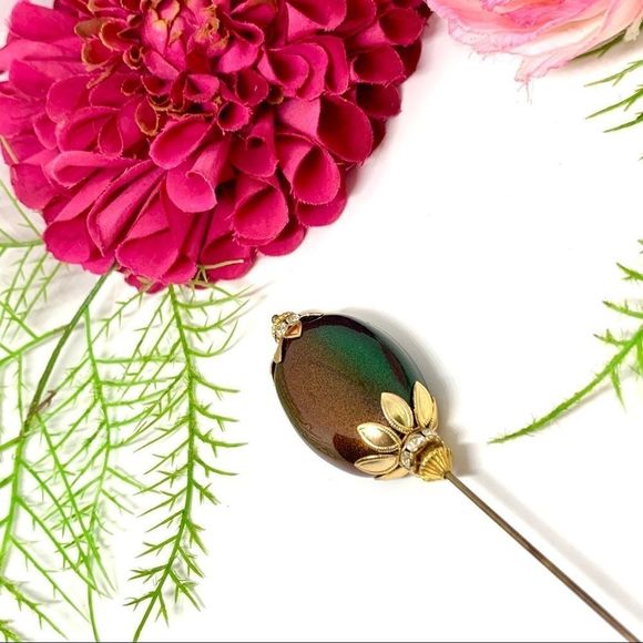 VINTAGE⚜️Kaleidoscope Cabochon Filigree Hat Pin - Picture 5 of 10